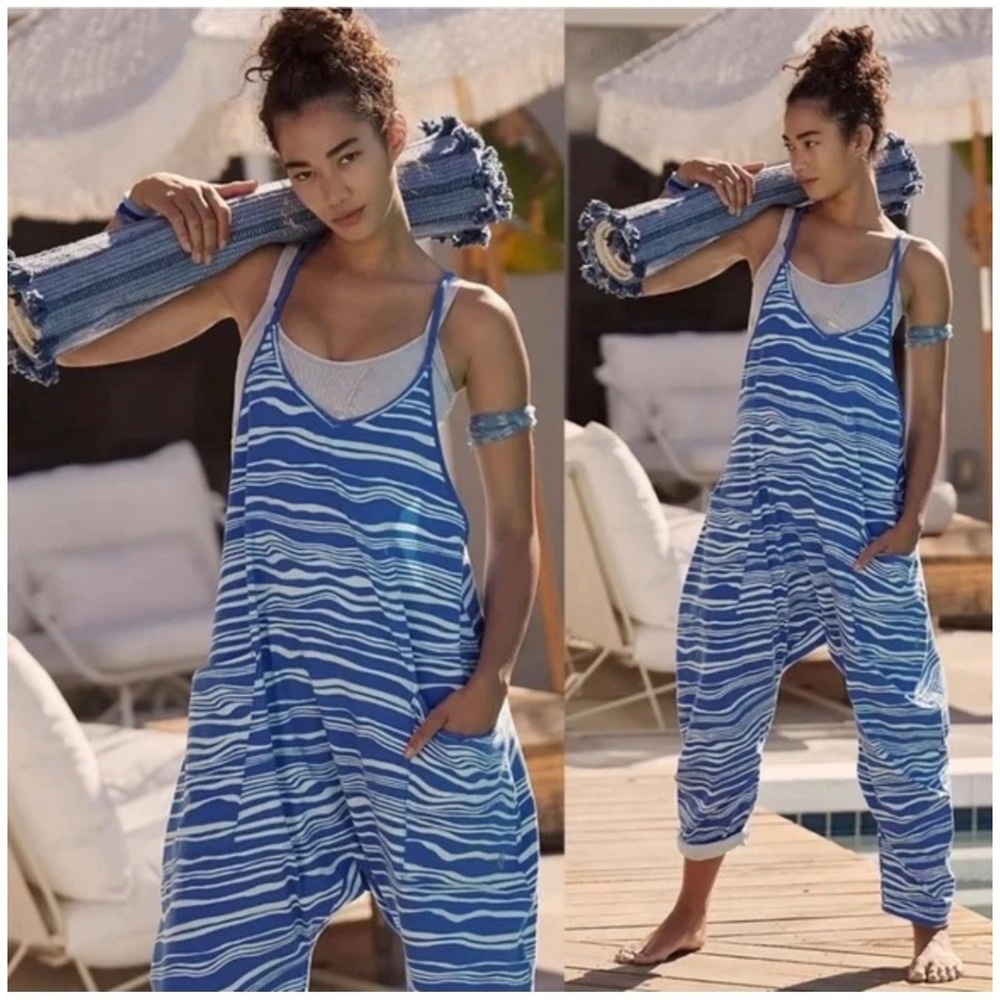 Free People Movement Hot Shot Jumpsuit Blue Ocean Wave Boho Womens Medium